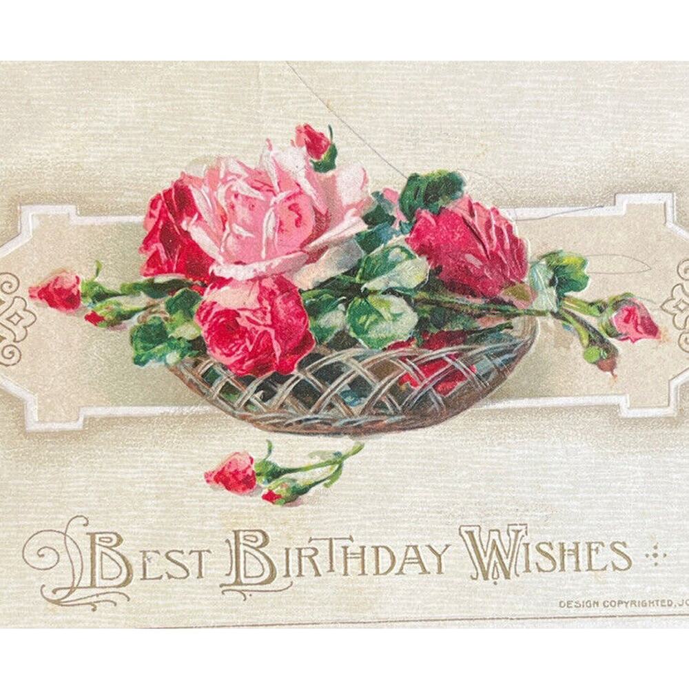 Antique 1912 Ephemera Happy Birthday Roses Embossed Posted Signed Postcard SEE